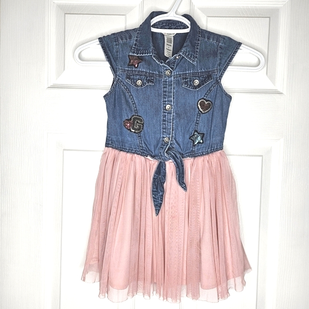 Guess Girls Blue Denim Pink Tulle Tutu Dress Sequin Patches Accents Size 6